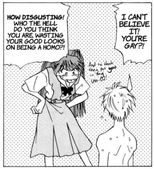 wellbutran's tweet photo. thread of asuka evangelion being homophobic because it’s funny https://t.co/bis1lLsM6h