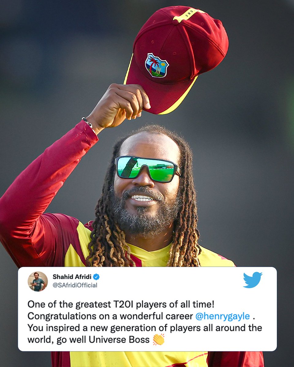 ICC's tweet photo. Shahid Afridi 🤝 Chris Gayle

From one T20 great to another 🙌

#T20WorldCup https://t.co/mUqG0K3Vy7