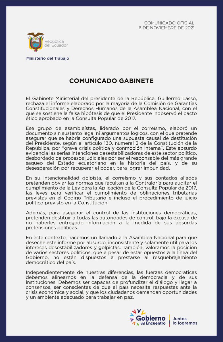 Ecuador merece y exige paz y democracia; que los conspiradores no jueguen con la inteligencia de un pueblo libérrimo que no permitirá que por la ventana intenten entrar los corruptos que han destruido este país

Apoyo total al presidente constitucional del Ecuador <a href="/LassoGuillermo/">Guillermo Lasso</a>