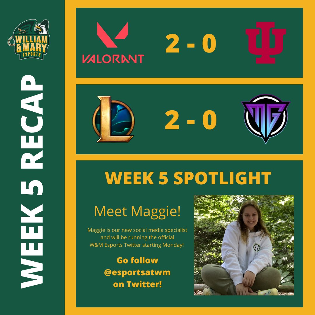 Missed any of our games this week? Check out the scores in our new Weekly Recap! Also check out our first spotlight featuring Maggie, the new social media specialist for W&amp;M Esports who will be running our Twitter account!