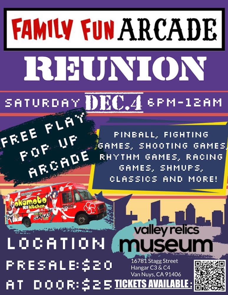 FamilyFunArcade's tweet photo. After 10 years we’re back! Join us for a 1 night event at Valley Relics Museum in Van Nuys. There will be a full free play pop up arcade featuring many of the great games we had at FFA. Hope to see you there. Tickets available at: https://t.co/vMpFIChwAY https://t.co/0D5KUnvSZ2