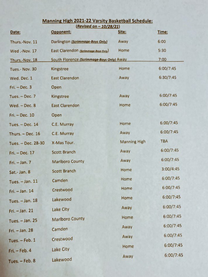 My freshman 2021 -22 season schedule for Manning High, SC.