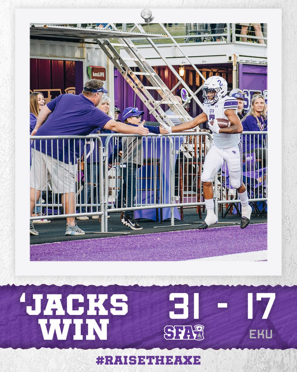 SFA_Football's tweet photo. 'JACKS WIN!

5-0 in Homer!

That's 9 straight at home over the last 2 seasons! #GoodToGreat

#AxeEm
#RaiseTheAxe https://t.co/ZqpbrlAfdn