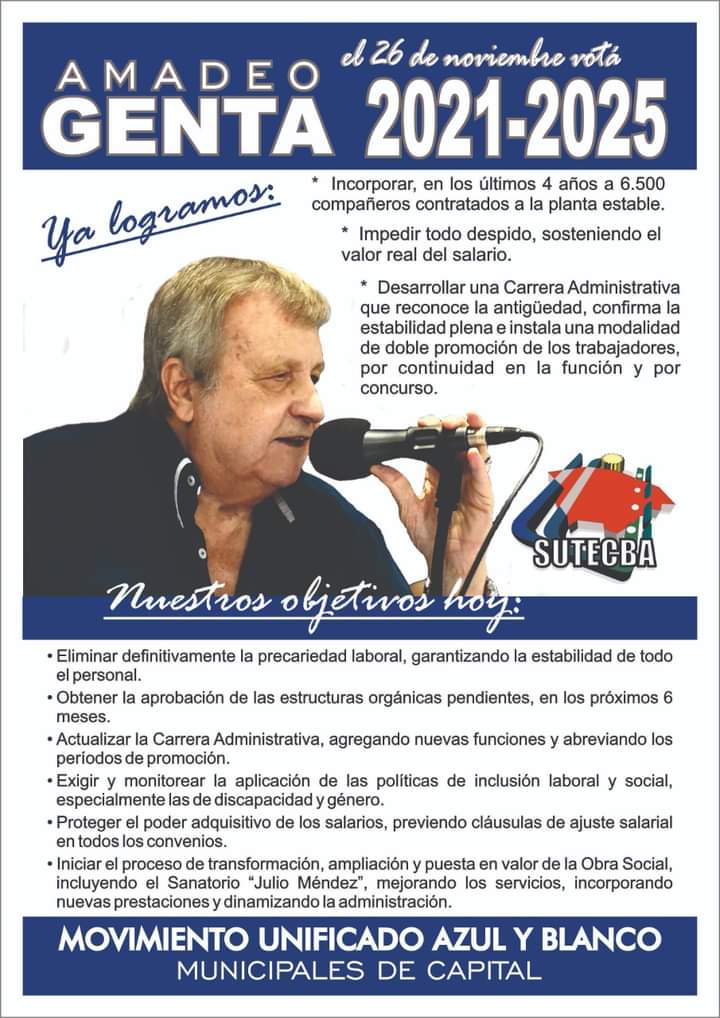 agcgremial's tweet photo. El 26 de noviembre votamos Amadeo Genta 2021~2025

¡Por los logros y por las futuras luchas, el 26 lxs #trabajadorxs #municipales votamos #AmadeoGenta~#AlejandroAmor!

#AgcGremialSutecba siempre del mismo lado, tu lado.
#Sutecba #AgrupacionAzulyBlanca
Genta ~ Trovato
Conducción https://t.co/CbSpbYC99i