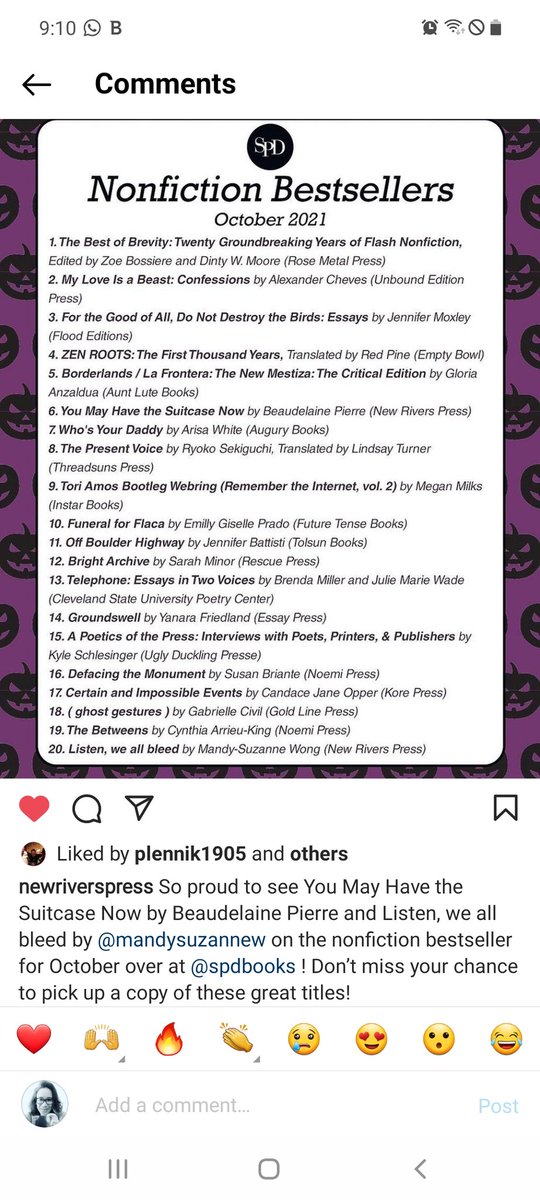 MandySuzanneW's tweet photo. By the end of its first week in the world LISTEN, WE ALL BLEED squeezed onto @spdbooks' bestseller list. That crazy b word in actual proximity to the title of a book I made. More unlikely than a tree-climbing hermit crab. Thank you, @NewRiversPress ! https://t.co/uoSRZYm33n