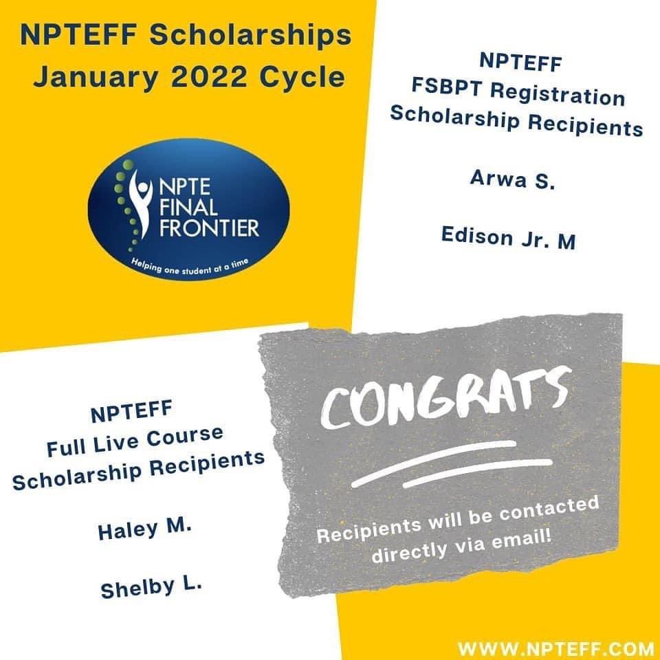 NPTEFF's tweet photo. Thank you to all 40 applicants for applying for #NPTEFF #scholarship. After reviewing all of your applications, we have 2 applicants who will receive 100% #NPTEFinalFrontier covered FLC &amp; 2 applicants who will receive covered #FSBPT registration fees.

#NPTE #APTA #DPT #SPT #PTA https://t.co/M2qwFvWEEe