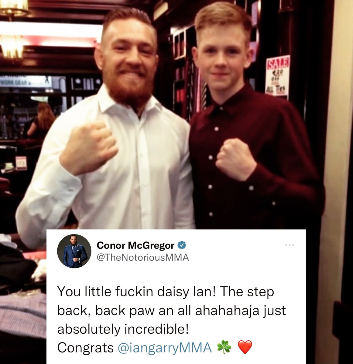 Current_MMA's tweet photo. Conor McGregor praises Ian Garry for his UFC debut. The two met when Garry was a teenager, who was inspired by McGregor’s rise and wanted to follow in his footsteps. 

#UFC268 https://t.co/9DI4DFqoYD