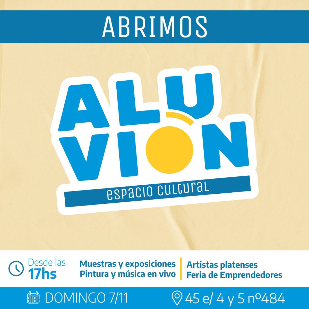 ¡Nuevo centro cultural y político en la ciudad de #LaPlata!❤️‍🔥

💥 Aluvión Espacio Cultural 💥
Abrimos las puertas y queremos que seas parte de la fiesta platense que estamos organizando para festejarlo.

Política, arte y cultura popular.
¡Lxs esperamos mañana! Todxs invitadxs🔥