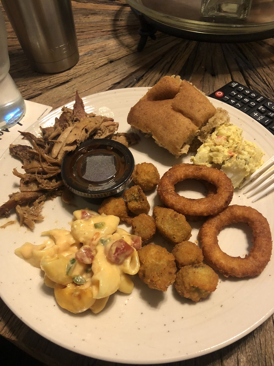 ChampagneAggie's tweet photo. Post stressful @AggieFootball game dinner from #OffTheBoneBBQ.  Not pictured: Peach Cobbler. #DigInDay https://t.co/dbuh10wEpv