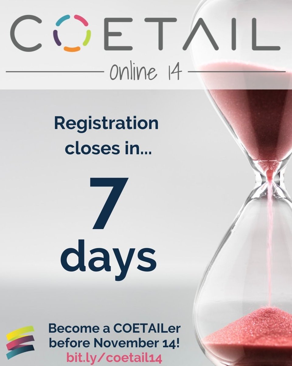 COETAIL's tweet photo. Only ONE week left to become a COETAILer!
Learn more: https://t.co/OOT4zyuACE
#EduroLearning #COETAIL #edchat #edtech #profdev #asiaed #africaed #edchatmena #aussieed #etcoaches #pypchat #mypchat #edchateu #edchatie #techcoach #edutwitter https://t.co/L4sn8TtYdo