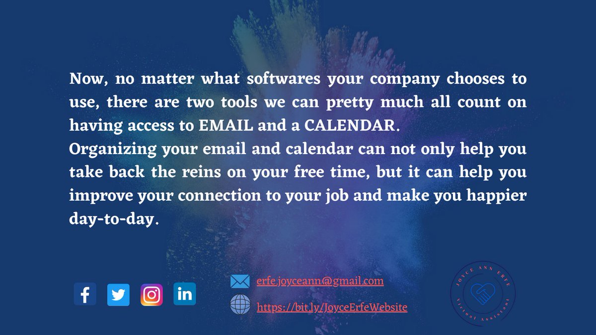 erfe_joyce's tweet image. If you want to free up some time in your day and feel more engaged at work, start with your email and calendar.

#Email #Calendar #EmailManagement #CalendarManagement #VirtualAssistant