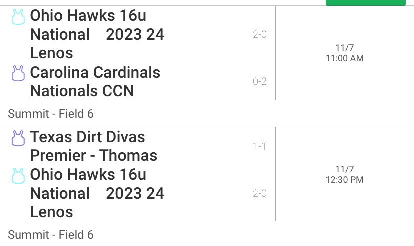 Updated schedule for tomorrow at Scenic City!! Watch on Facebook live @OhioHawks05Lenos!! <a href="/HerdSB/">Marshall Softball</a> <a href="/coachmegsmith/">Megan Smith Lyon</a> <a href="/c_lyon22/">Corey Lyon</a> <a href="/OaklandSoftball/">Oakland Softball</a> <a href="/CoachLaurenKarn/">Lauren Karn</a> @CoachJenna33 <a href="/mzerkleee/">Morgan Zerkle</a> @CoachT_OhioSB <a href="/HokiesSoftball/">Virginia Tech Softball</a>
