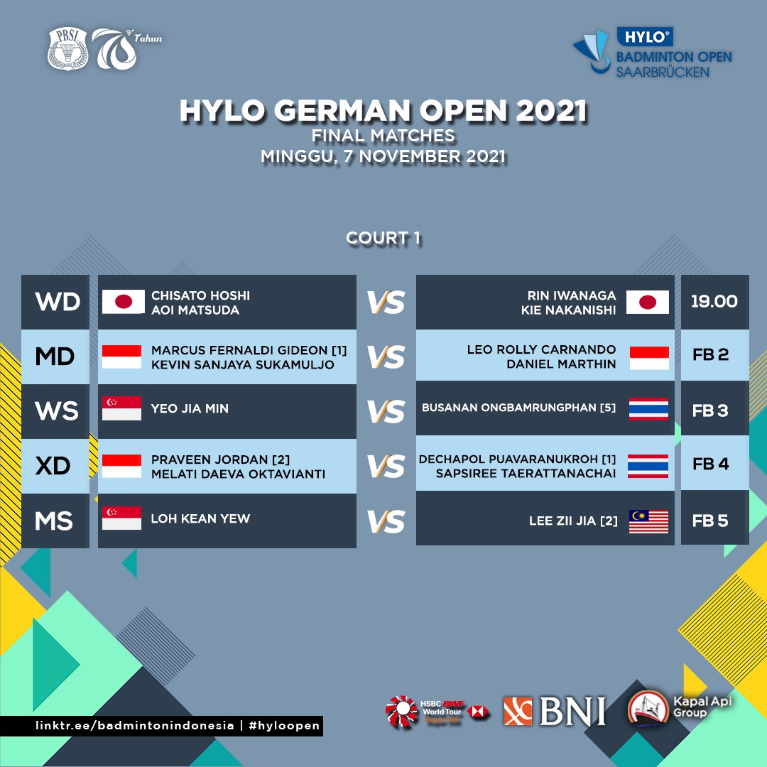 Laga final Hylo Open 2021 mulai pukul 13.00 waktu setempat atau pukul 19.00 WIB.

Sudah pastikan satu gelar, ayo tambah satu gelar lagi! Semangat Indonesia 🇮🇩

#BadmintonIndonesia #HyloOpen #HyloOpen2021