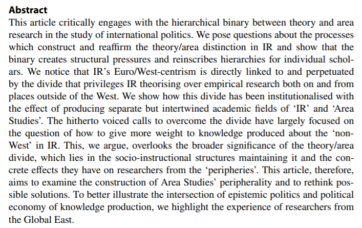 EricaMarat's tweet photo. "IR theory and Area Studies: a plea for displaced knowledge about international politics", a great new piece by @K_Kaczmarska and Stefanie Ortmann https://t.co/hDquhijskD https://t.co/GwDd8cZNrX