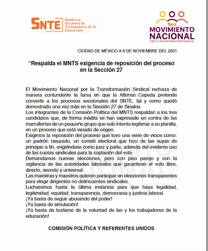 GacetaMexicana's tweet photo. Todos contra #AlfonsoCepeda y su camarilla. Exigen reposición del proceso seccional en #Sinaloa . Documentan las marrullerías de la cúpula del SNTE. https://t.co/57UrYrAaa7