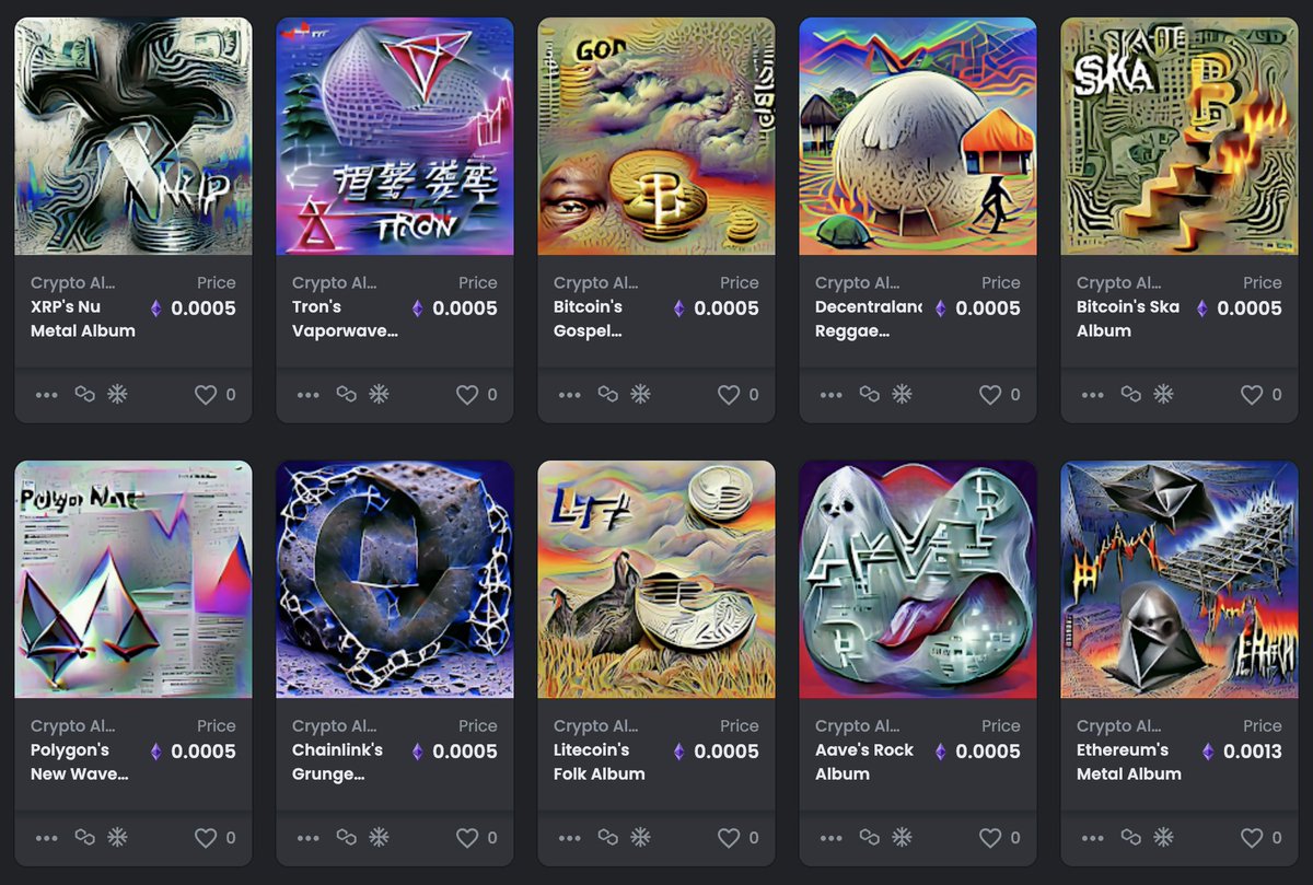 CryptoAlbumArt's tweet photo. The first 50 #NFTs have dropped in #CryptoAlbumArt, including pieces for $BTC, $ETH, $BNB, $SOL, $ADA, $LTC, $XRP, $DOGE, $SHIB, $LINK, $TRX, $AAVE, $MANA, $AXS, $XTZ, $MATIC, &amp; more.

#NFTdrop #NFTart #PolygonNFTs #OpenSeaNFT #NFTaddict #NFTartist 

https://t.co/Ybs5D0O8Ju https://t.co/sbt7fAWaEI
