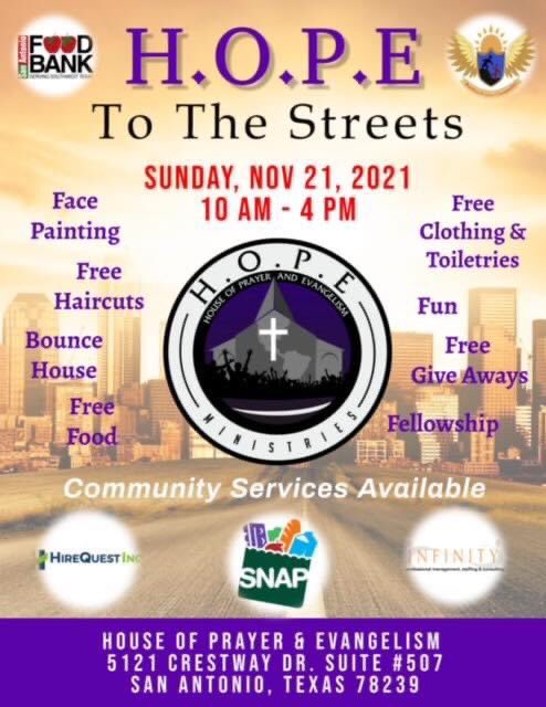 Join us for a day of fun, food, &amp; useful resources! Building Brighter Communities will get folks signed up for Rent, Utility, &amp; Mortgage assistance. H.O.P.E will have FREE food, clothing, haircuts, a bounce house &amp; more! Sunday November 21st!