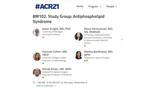 On Monday, APS ACTION Members will Discuss the Association Between Antiphospholipid Antibodies and COVID-19 at the #ACR21 American College of Rheumatology Annual Scientific Meeting #APS Study Group. @MBarbhaiya @jasonsknight @gkrouzman @HannahC91504085 @DorukErkanMD