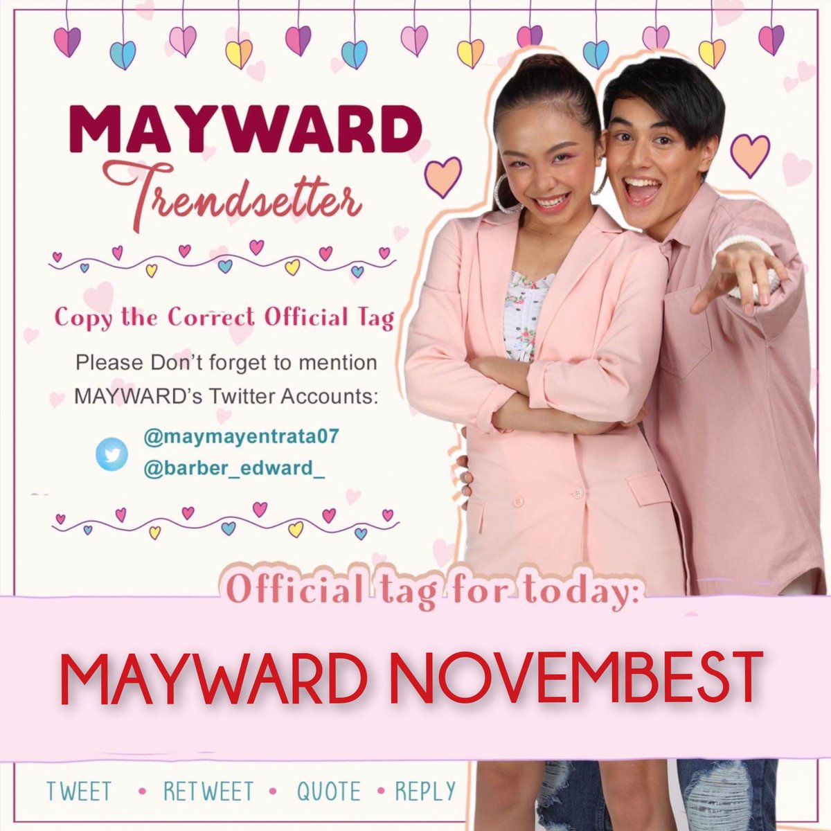 mwtrendsetter's tweet photo. Join Maymay &amp; Edward and the rest of our fave Kapamilya celebrities in another FULL BLAST party this Sunday on ASAP &amp; iWantASAP! #ASAPnovemblast @ASAPOfficial @iwantasapofc

OFFICIAL TAG ALERT:

MAYWARD NOVEMBEST

#MayWard 
@maymayentrata07 @Barber_Edward_ https://t.co/iW0gIaIT4y