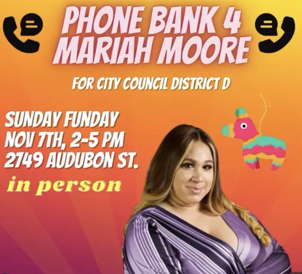 Tomorrow! Phonebank with us for <a href="/Moore4DistrictD/">Mariah Moore</a> to get her over the line on Election Day. Let’s finish this campaign out strong!