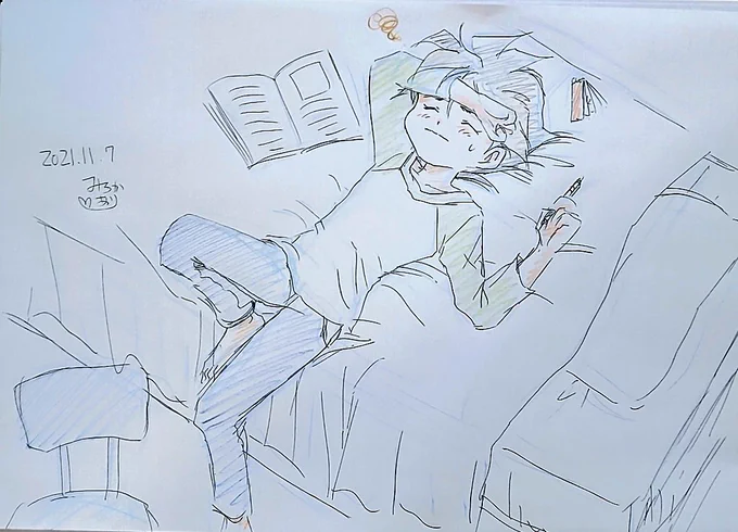 香鼠さん、描けました～💖‼️@kaorimouse 

中学ワタルくんで、試験勉強に疲れてバタンキューしちゃった所です✨多分、このまま寝落ちパターン突入です💖(笑)💕(///ω///)♪

かわいいイメージありがとうございました～💖‼️(*^▽^)/★*☆♪ 