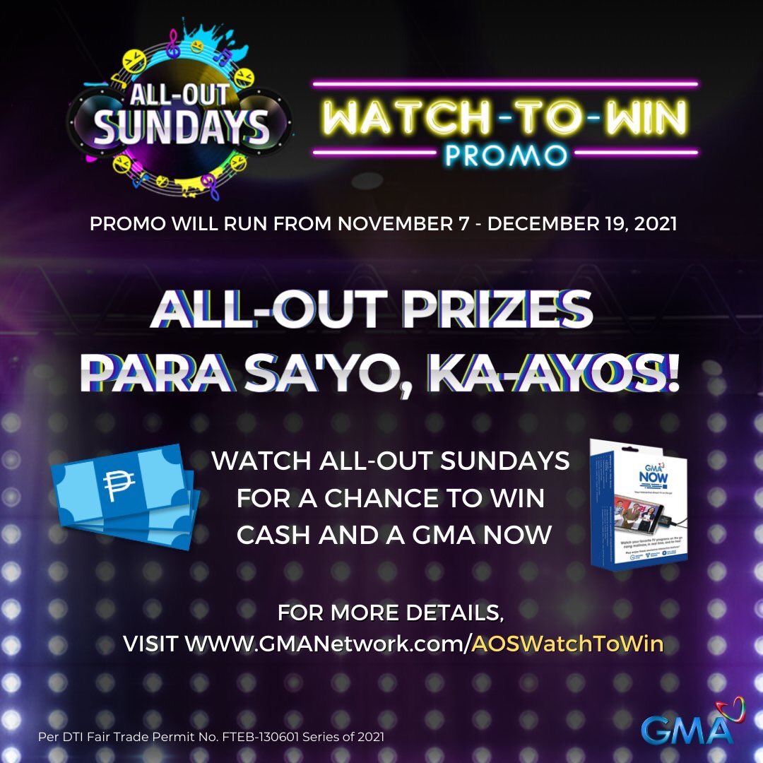 rosegarcia's tweet image. Manonood lang, may instant CASH at GMA Now agad? AYOS TALAGA! 🙌 Kaya sali na sa #WatchToWin promo ng #AllOutSundays simula ngayong November 7 at hintayin mo lang ang signal to join! 🤩

For more details, visit GMANetwork.com/AOSWatchToWin! 😉

@kapusoPRgirl