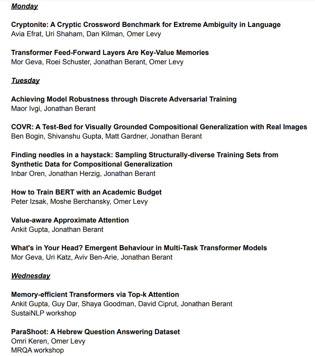 Challenging benchmarks, transformers and their analysis, compositional generalization, robustness, and a lot more cool work from TAU-NLP presented at #emnlp2021 this week, check it out (click the image to see all papers...)! We have a strong in-person presence so come say hi...