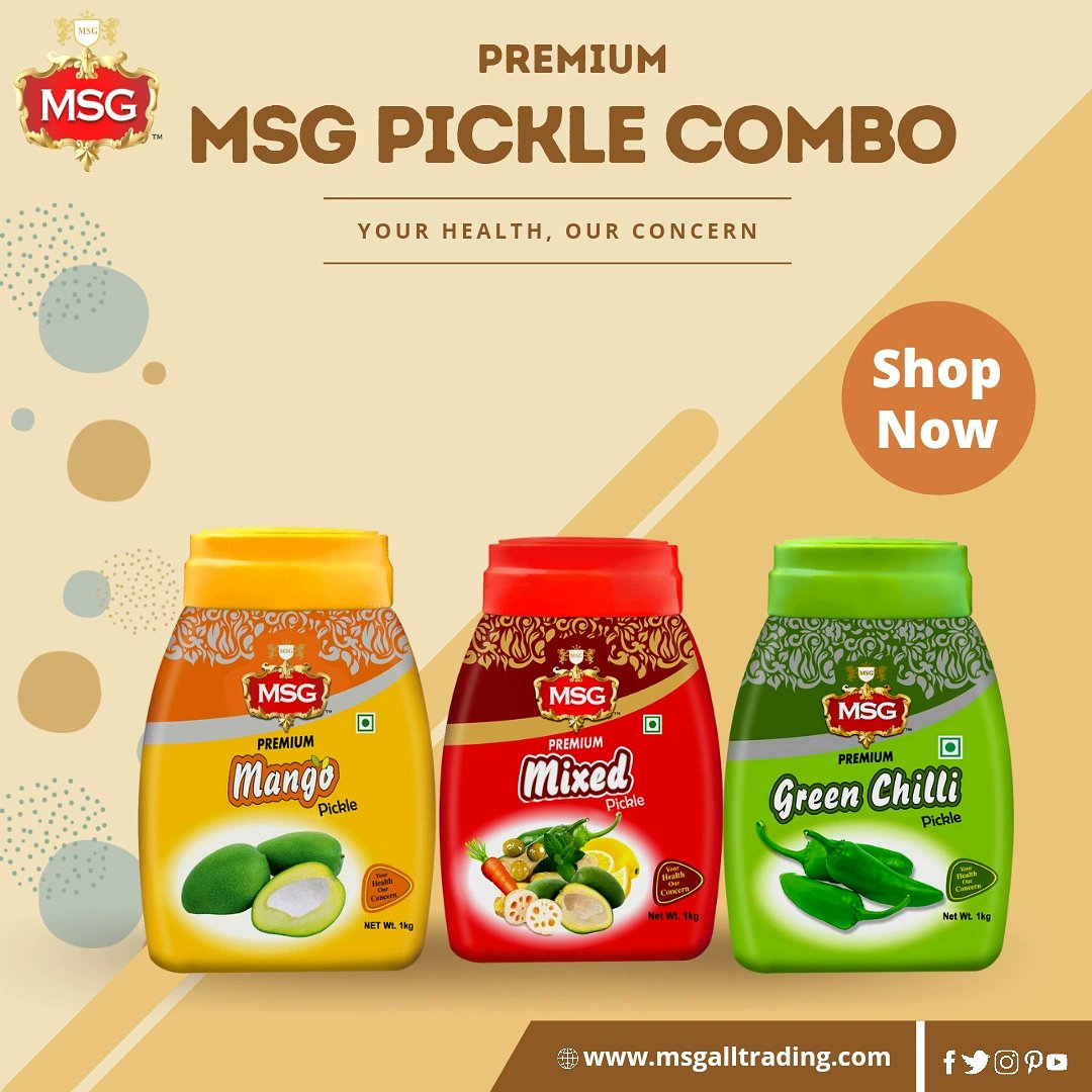 MSGAllTrading's tweet photo. MSG Pickle Combo (Green Chilli Pickle 1kg, Mixed Pickle 1kg, Mango Pickle 1kg)

☑️Helps in giving Beneficial Bacteria
☑️Helps in Treating muscle cramps
☑️Contains antioxidants

Buy now🛒: https://t.co/5u90f43CdU

#MSGPickleCombo
#MangoPickle
#GreenPickle
#MixedPickle
#COVID19 https://t.co/Cx6VOmutCS