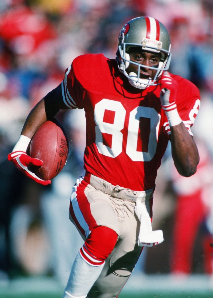 Super70sSports's tweet photo. Played when pass defense was still legal. The goddamn career leader in TDs and receptions anyway. That’s how good Jerry Rice was. https://t.co/PqkKSpA0aV