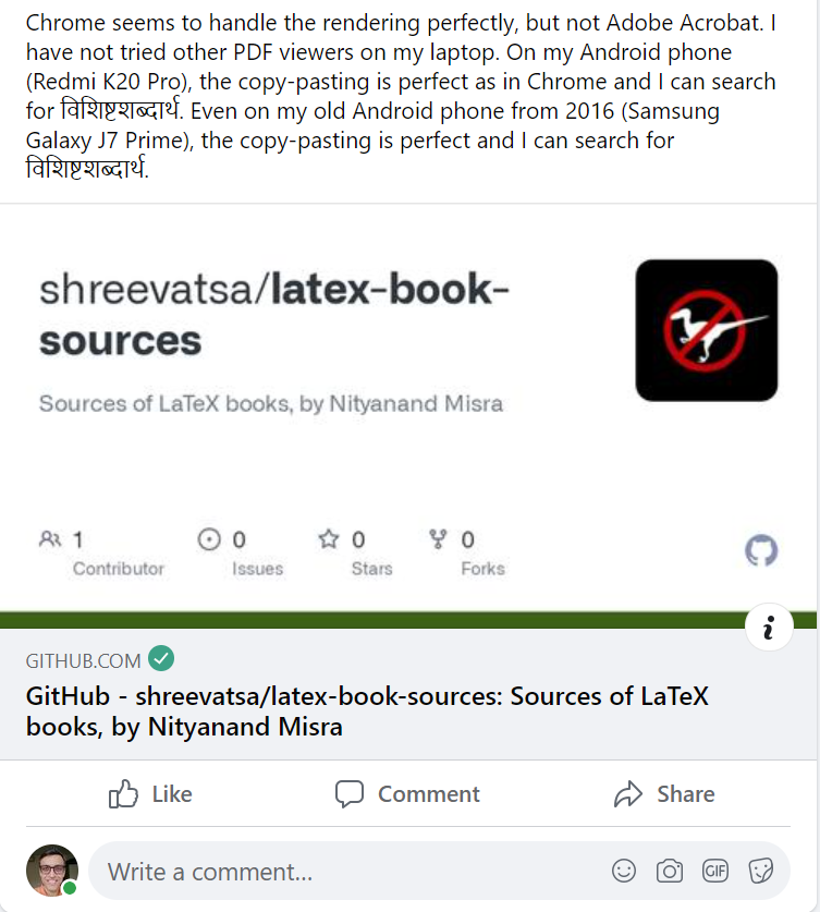 MisraNityanand's tweet photo. XeLaTex with Harfbuzz: a new approach to typeset Indic books
I am pleased to announce the release of the Mahāvīrī LaTeX Source Code under the GNU General Public License.
https://t.co/kLAPCDckNk
Full announcement in the images.
#LaTeX #IndicScripts #Books #Typesetting https://t.co/fcgkPKFCCK