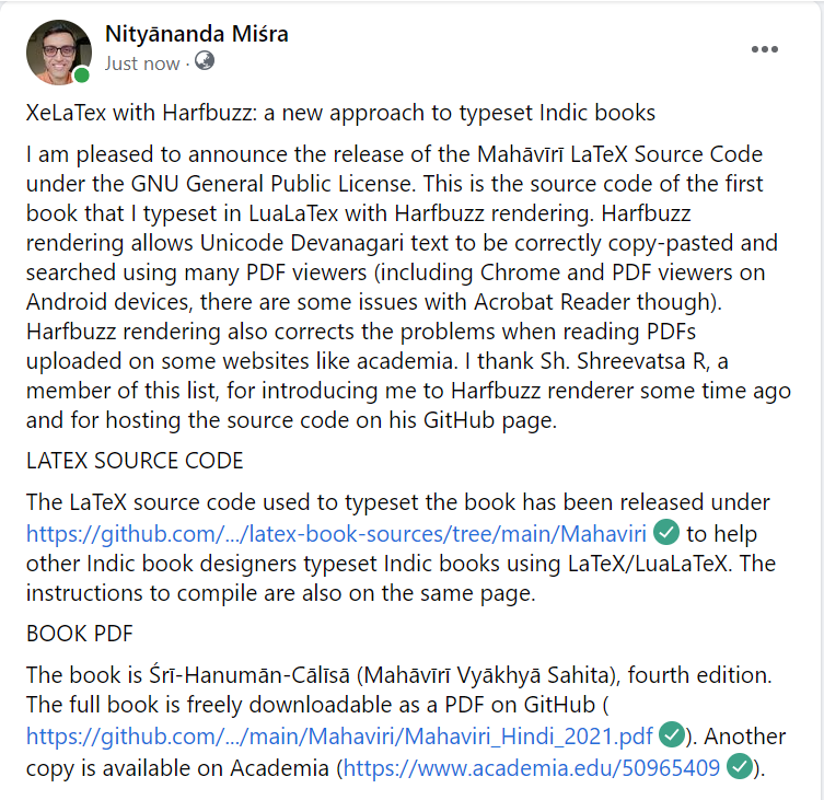 MisraNityanand's tweet photo. XeLaTex with Harfbuzz: a new approach to typeset Indic books
I am pleased to announce the release of the Mahāvīrī LaTeX Source Code under the GNU General Public License.
https://t.co/kLAPCDckNk
Full announcement in the images.
#LaTeX #IndicScripts #Books #Typesetting https://t.co/fcgkPKFCCK