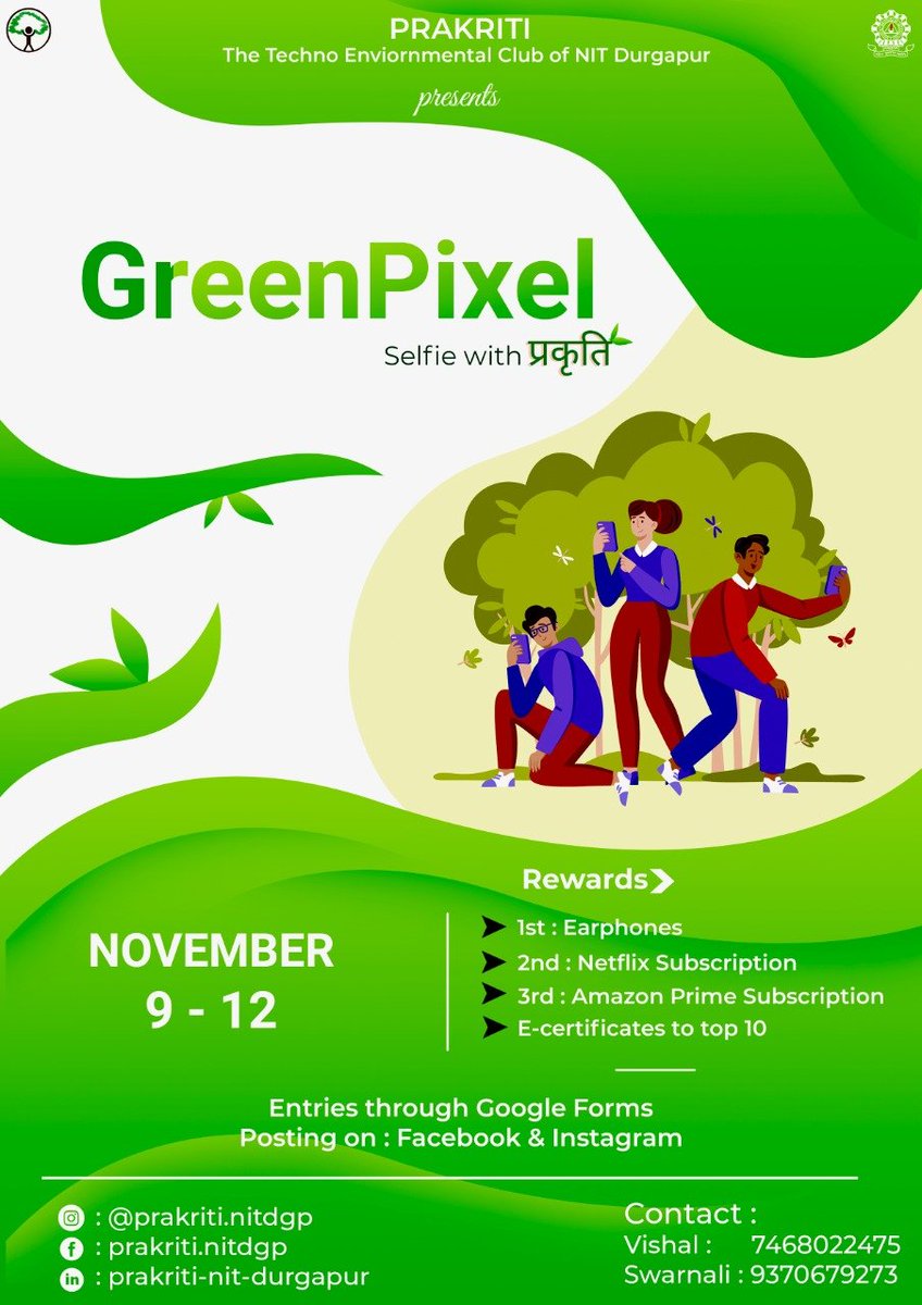 Prakriti_NITDgp's tweet photo. PRAKRITI, the Techno-Environmental Club of NIT DURGAPUR, presents to you all GreenPixel(#selfie with प्रकृति), to share with the world your best of moments with mother nature.
Happy capturing.
#prakriti #prakriti_nitdgp #Greenpixel #naturephotography https://t.co/MZY0NlMQCI