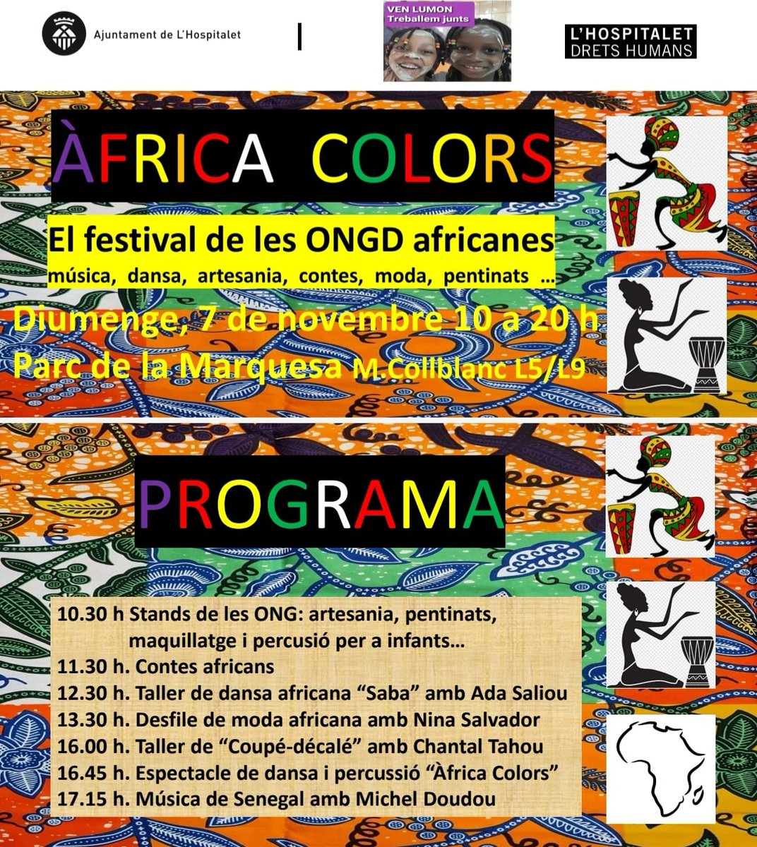 LHAjuntament's tweet photo. #BonDia

⁉️ Recorda que avui pots gaudir del Festival Àfrica Colors, de 10 a 20 hores, al Parc de la Marquesa.

👉 Dansa, música i gastronomia en un festival que difon la cultura africana i sensibilitza al voltant de la convivència i la diversitat.

#LHospitalet #LHCultura https://t.co/Wl6Rj02utN