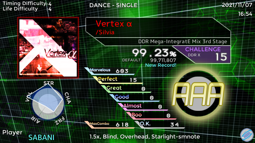 Shionome_Sabani's tweet photo. StepManiaで「Vertex α」をプレイしました！ スコア：99.23% #SMResult https://t.co/RAuec1bFKv