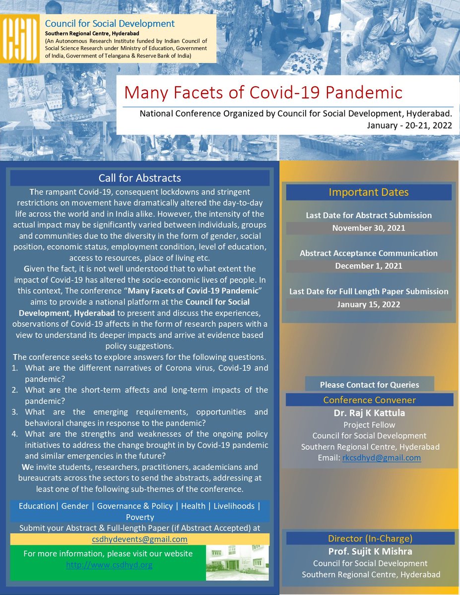 Please find the flyer of the upcoming National Conference on "Manay Facets of Covid-19 Pandemic" Organised by <a href="/CsdHyderabad/">Council for Social Development (CSD) Hyderabad</a> during January 20-21, 2022.