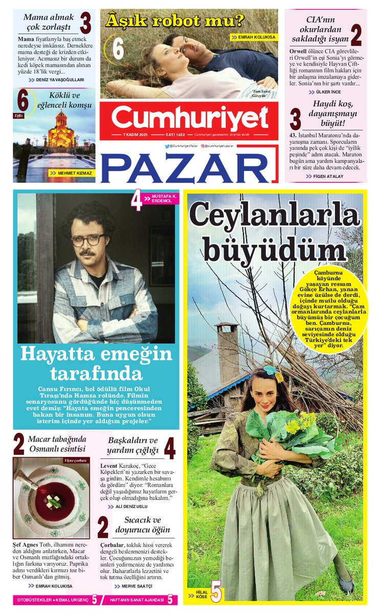 #CumhuriyetPazar günü♡ Çamburnu'nda doğa mücadelesi veren ressam Gökçe Erhan, Okul Tıraşı'nda izlediğimiz Cansu Fırıncı, Şef A. Toth, Gece Köpekleri'nin yazarı Levent Karakoç <a href="/emrahkolukisa/">emrah kolukisa</a>'dan 'Tam Sana Göreyim' #Ülkerİnce'den Orwell <a href="/MehmedKizmaz/">Mehmet Kızmaz</a>'dan Gürcistan #Patigünlükleri