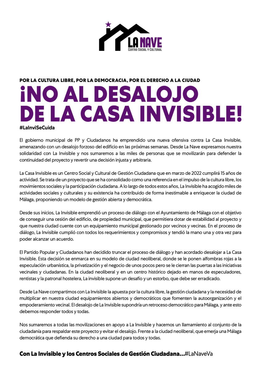 lanavemalaga's tweet photo. ¡NO AL DESALOJO DE LA CASA INVISIBLE!
#LaInviSeCuida

El mal gobierno municipal (PP+Cs) amenaza con desalojar @LaCasaInvisible.

Desde @lanavemalaga va un abrazo fraternal y nuestro compromiso para defender un proyecto necesario para #Málaga.  

Con La Invisible…#LaNaveVa https://t.co/FXPPN2E3Dt