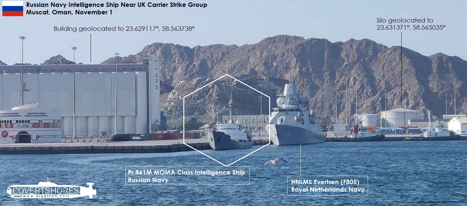 Russian spy ship Next to HNLMS Evertsen in Muscat, Oman