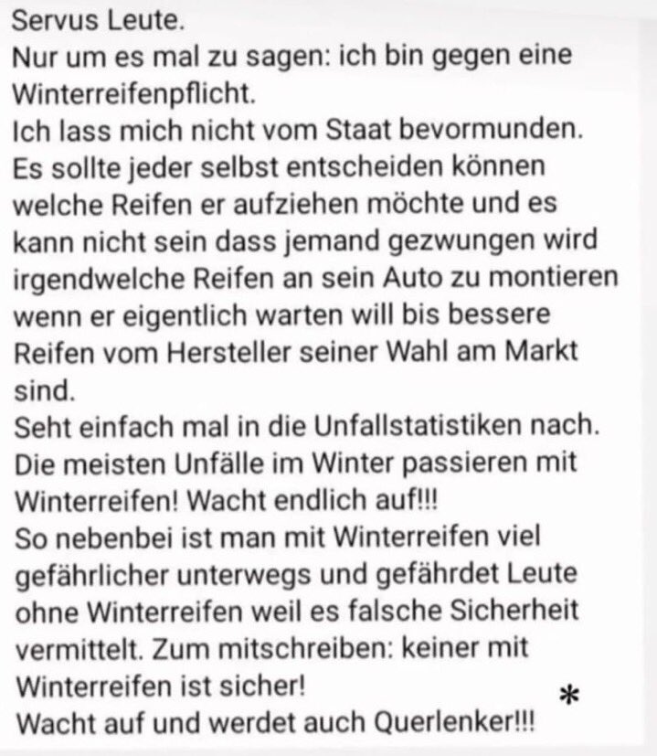„Ich bin gegen eine Winterreifenpflicht. Ich lasse mich nicht vom Staat bevormunden…..“

….soeben auf LinkedIn gefunden. Hilarious.