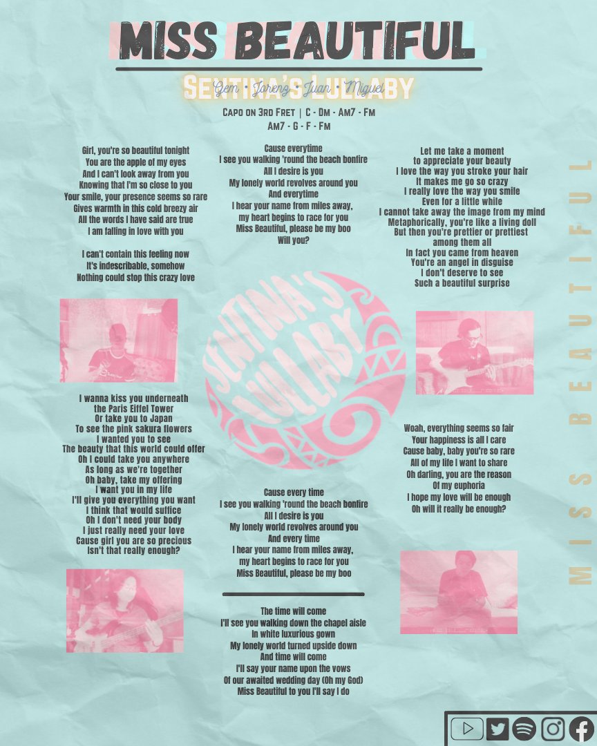 SentinasLullaby's tweet photo. The Official Lyric Guide for Miss Beautiful!

Stream 'Miss Beautiful' here:
Spotify: https://t.co/I8dlpGsK92
Apple Music: https://t.co/5kaG5vGowP
Youtube Music: https://t.co/fASBJ7nBxs https://t.co/0bb83SqMsY