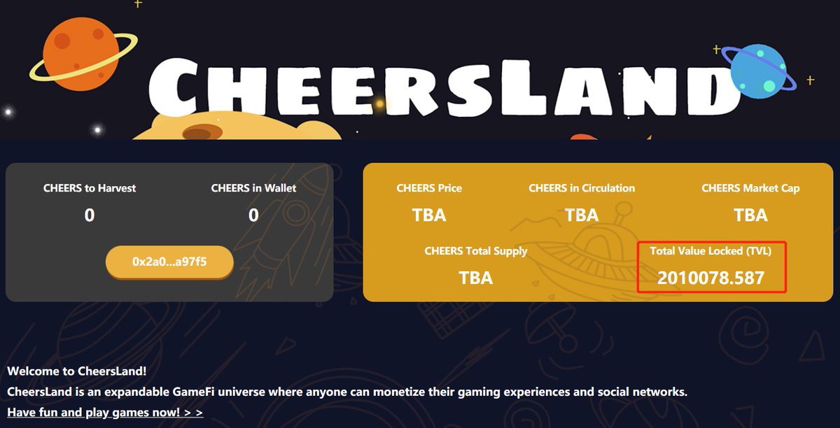 What a crazy weekend🤣
#TVL of Farm broken through $2M🛫
Just wanna say don't forget CheersLand is a GameFi Platform🤭
The 2nd Game Click² will be launched in 2 weeks.🗒
#Metaverse Social Module will be deployed in the end of Nov.🗒
#TGE of $CHEERS is coming soon.🍻 
Get tuned🚆