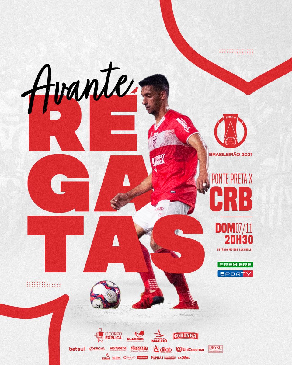 CRBoficial's tweet photo. HOJE TEM, NAÇÃO! 💪♥️🤍

🎶 “COM MINHA CAMISA VERMELHA, CANTAREI SEM PARAR!” 🎶

🆚 Ponte Preta/SP
🏆 @BrasileiraoB 
⚔️ 34ª rodada
⏰ 20h30
🏟 Estádio Moisés Lucarelli
📺 @canalpremiere @SporTV 

#AvanteRegatas #SeÉPraLutarContigoEuVou #PONxCRB https://t.co/Tmgtgz0Bdd