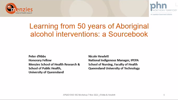 DrLisaAkison's tweet photo. Prof Peter d'Abbs from @UQMedicine on a project to compile an evidence-based sourcebook for primary care and alcohol interventions in Aboriginal communities. #FASDSIG @APSADConf https://t.co/lyIrS0AK5V