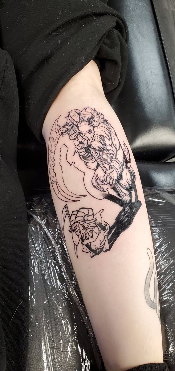 EnjoiiPanda's tweet photo. Almost forgot the update. I am literally obsessed.  Here's #baphomet had to tap out after 3 hours cause my leg wouldn't stop twitching ._. Update in a month or so I guess #tattoo #ragnarok #ragnarokonline https://t.co/9E32cQ0uDm