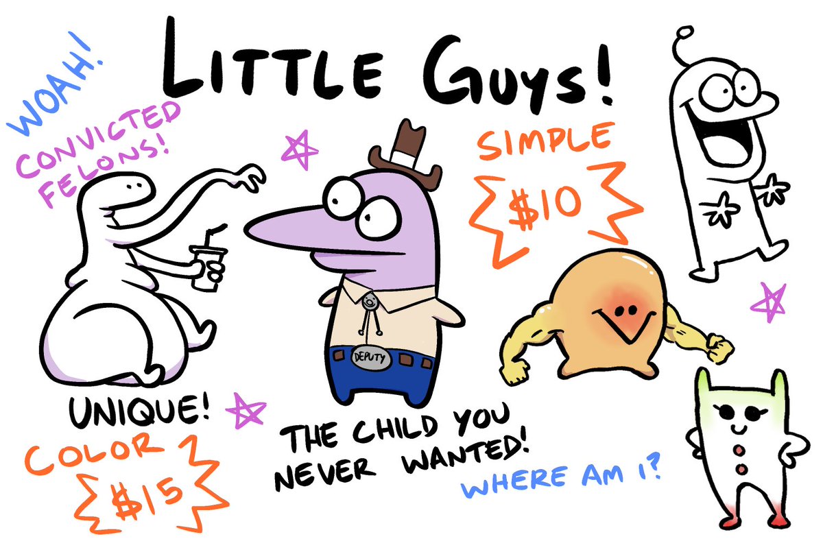 LITTLE GUY COMMISSIONS LETS GO
-
$10 simple/lines
$15 color
-
I will design you a little guy, either at random, or by an emoji/one word prompt of your choosing! DM to submit request and payment :>