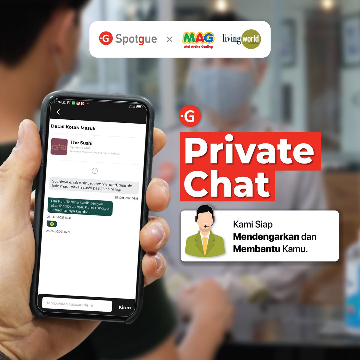 SpotgueOfficial's tweet photo. Sampaikan kritik dan saranmu ke tenant mall melalui fitur Private Chat di aplikasi Spotgue! 💬📱

Rasakan pengalaman Cara 
Baru Ngemall 4.0 melalui aplikasi Spotgue.

#malarthagading 4.0 #malarthagading #Spotgue #BanggaBuatanIndonesia #PertamaDiDunia #MakingIndonesia 4.0 https://t.co/ZsQOekU5Uc
