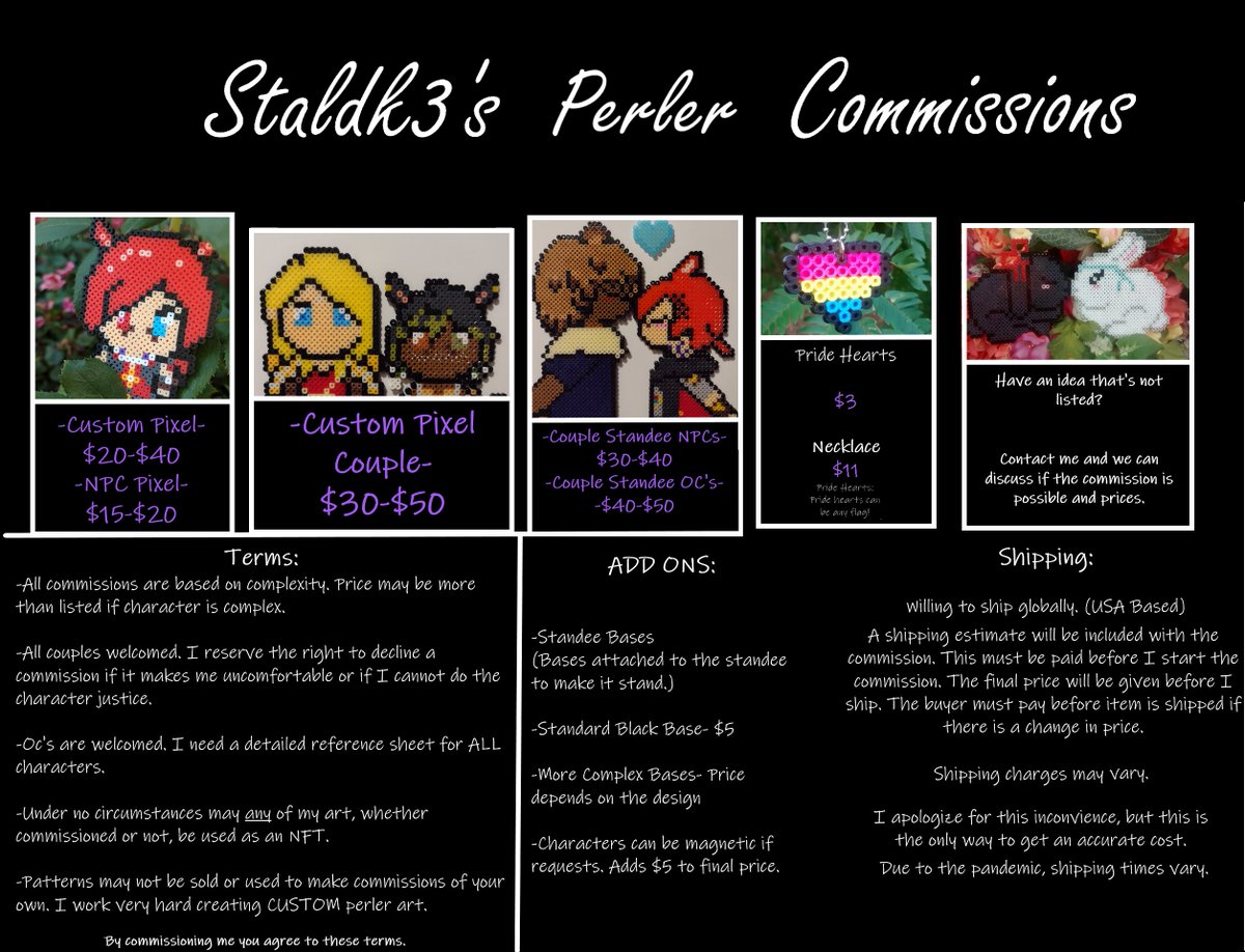 staldk3's tweet photo. Hi! I do perler bead art. I do wolships, and job stones,OC's and other fandoms(anime/video games)! I make themed flower crowns/wreaths as well!
I'm open to new ideas so don't feel afraid to dm or discuss commission ideas! 
I accept kofis
🌺Kofi: https://t.co/OQakp2RIDo https://t.co/YbtrElMBmS