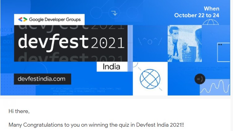 palashburad26's tweet photo. Recently participated in #DevFestIndia and won the quiz🤩

Thank you @GoogleDevsIN &amp; @GDGIndia
for organizing such a wonderful webinars 👨‍💻
It was great to be part of #devfestindia always.

#DevFest2021 #DevFestIndia #letsgrowtogether https://t.co/wAhC04OcTC