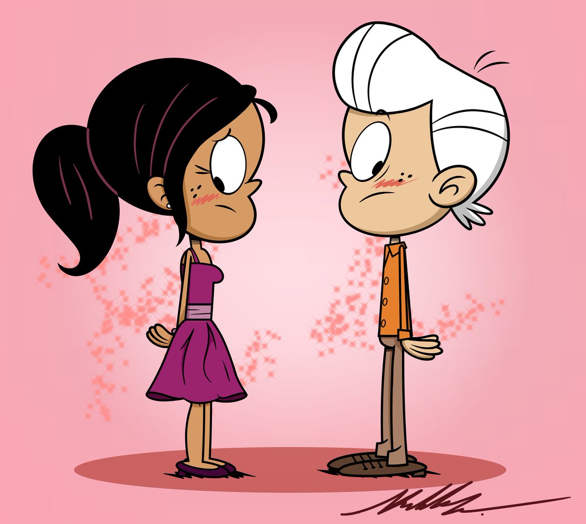KyloRoud95's tweet photo. Un dibujo de Lincoln y Ronnie Anne, 5 años en el futuro, arreglados para alguna ocasión especial, puede ser lo que sea (un baile de San Valentín tal vez),  y al parecer se ven algo nerviosos. 💕🧡💜 https://t.co/ekJIlGvg3y