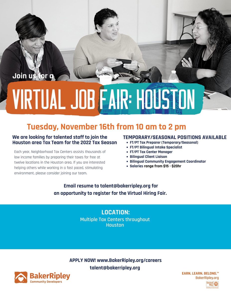 MorrisReshonda's tweet photo. @BakerRipley is hiring for the 2022 Tax season and will be hosting a virtual job fair https://t.co/iEmKIwILuu